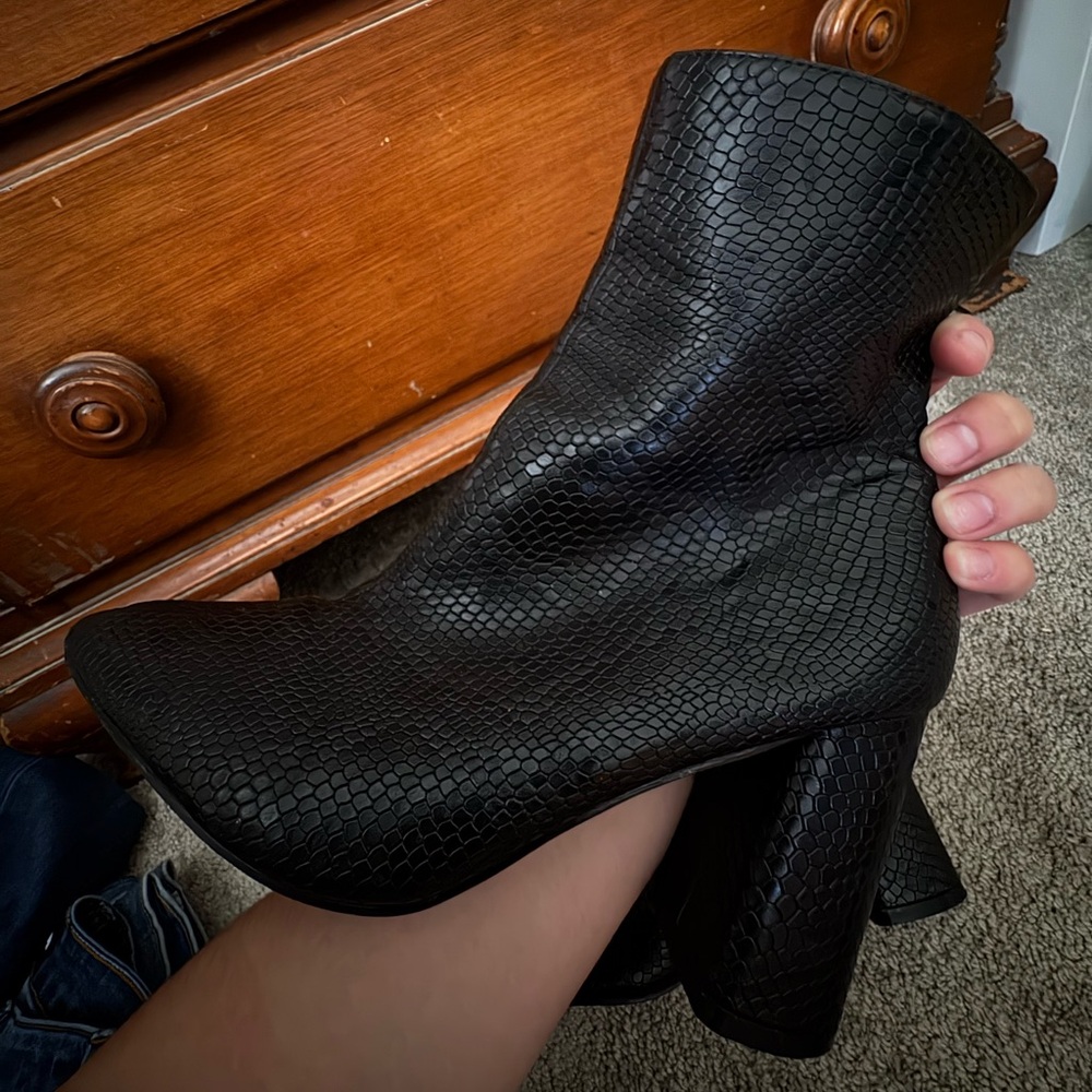 Black Textured Snakeskin Ankle Boots